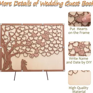 Libro ospiti matrimonio in legno con cornice design ad albero e cuori per le firme degli ospiti.