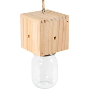 Wooden Carpenter Bee Trap Hanging Insect Catcher with Glass Jar for Outdoor Yard Garden