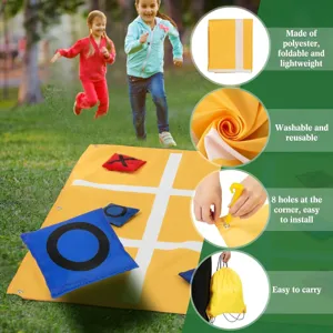 Outdoor bean bag game detail showing polyester foldable mat, washable fabric and handy carry bag.