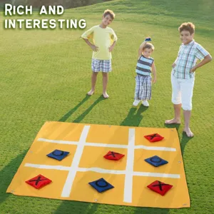 Outdoor bean bag throwing game set with tic tac toe grid mat for kids family fun.