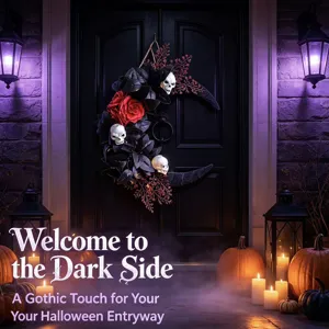 Halloween Gothic Crescent Moon Wreath with Skulls and Roses for Door Fireplace Decor