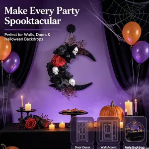 Halloween black crescent moon wreath with skulls and red roses for wall and door decor.