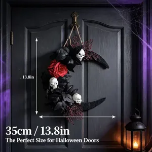 Gothic crescent Halloween wreath with black leaves, roses and skulls for door wall decor.