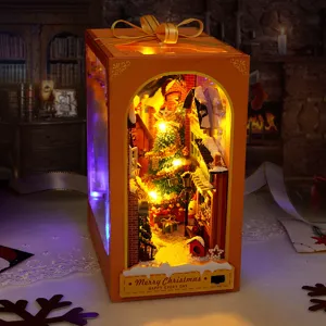 DIY casa de muñecas en miniatura rincón de libro navideño con luz LED decoración de escritorio
