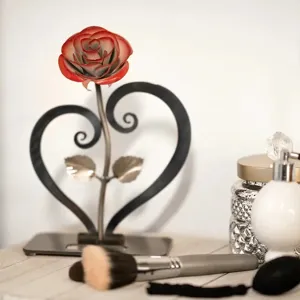 Romantic Metal Rose With Heart Shaped Stand Table Ornament Valentine Day Gift Home Decor Tabletop Centerpiece