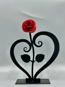 Metal red rose with heart-shaped iron stand table decor for romantic Valentine's Day gift