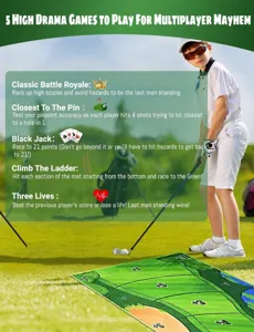Casual golf game set training mat with clubs for outdoor multiplayer sports and fun entertainment.