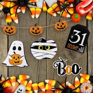 Halloween wooden tier tray decor set details, ghost and pumpkin ornaments for party display.