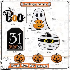 Halloween wooden tiered tray decor set ghost pumpkin hanging signs holiday party supplies