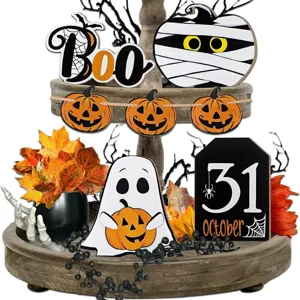Halloween tiered tray decor wooden sign set pumpkin ghost autumn home party decoration