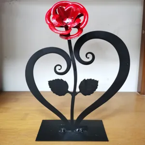 Metal Rose Flower with Heart Stand Table Decor Romantic Valentine Gift Home Ornament
