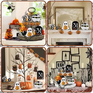 Halloween wooden tiered tray decoration set with ghost and pumpkin signs for holiday party.