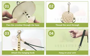 Portable wooden wrist yarn holder with strap for knitting and crochet crafting.