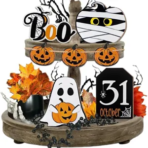 Halloween tiered tray decor set wooden signs pumpkin ghost holiday party home table decorations