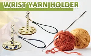 Portable wooden wrist yarn holder detail showing engraved patterns, wrist strap, and tools.