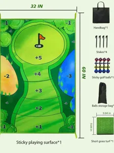 Casual golf game training set with sticky hitting mat, golf balls, stakes, and storage bag.