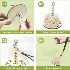 Portable wooden wrist yarn holder with leather strap for knitting and crochet lovers.