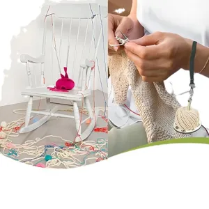 Portable wooden wrist yarn holder with strap, ideal for knitting and crocheting crafts.