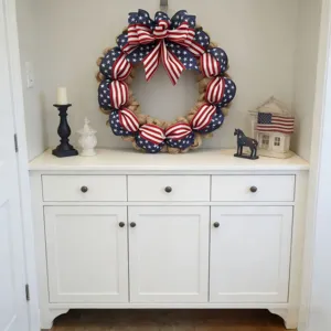 Patriotic burlap wreath displayed on a white console table for Independence Day holiday decor.