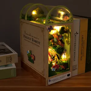 Kit de rompecabezas de madera para rincón de libros en miniatura con luces LED cálidas decoración.