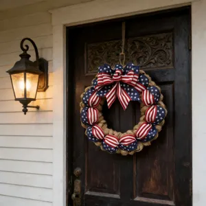 Patriotic burlap wreath hanging on wooden door for 4th of July party indoor outdoor decor