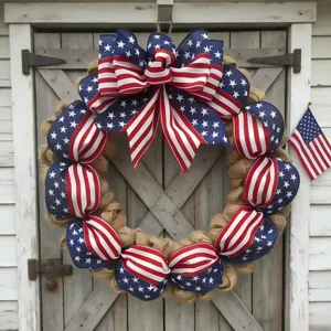 American Flag Burlap Wreath Independence Day Door Hanging Wall Decor Patriotic Ribbon Bow Seasonal Celebration Ornament