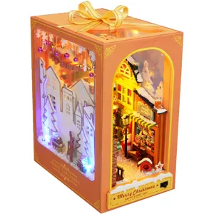 Kit en miniatura de rincón de libros de madera navideño DIY con luces LED para regalos.