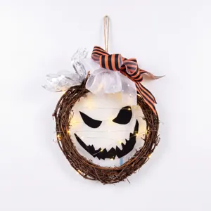 Ghirlanda in rattan luminosa Halloween spaventosa faccia di zucca decorazione murale