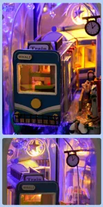 Primer plano detallado del rincón de lectura en miniatura DIY con luces y tren azul.