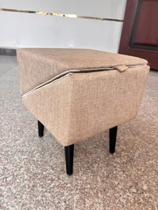 Split 2-in-1 pet stool and ramp for dogs cats, khaki fabric upholstery, black legs.