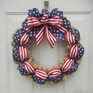 Patriotic American Flag Burlap Wreath Independence Day Front Door Hanging Holiday Party Decor