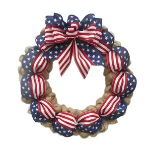 American flag burlap wreath with stars and stripes ribbons for Independence Day door decor