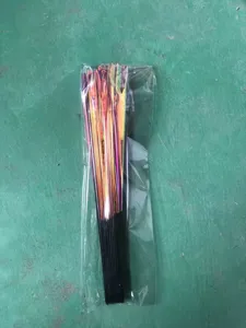 Detailed view of colorful 10-inch folding kung fu dance fans in transparent packaging.