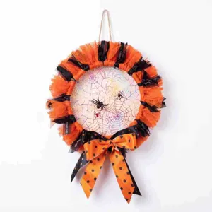 Ghirlanda Halloween decorazione con tulle arancione e nero, ragnatela fiocco per porta e muro festa.