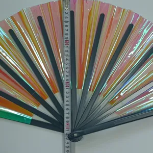 Colorful holographic folding kung fu fan for dance party music festival rave performance.