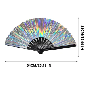 Detail view of the holographic folding kung fan, featuring vibrant shifting colors and black ribs.