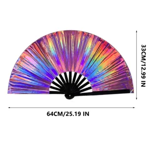 Detailed view of the holographic rave kung fu fan showing size dimensions and radiant colors.
