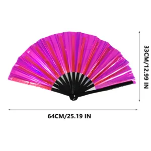 Holographic folding fan for dance and music festivals, pink shiny kung fu fan with size specs.