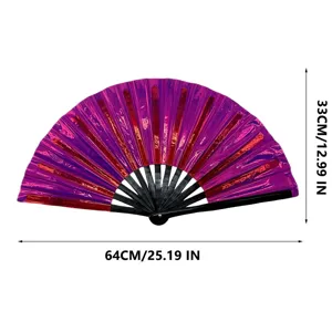 Dazzling kung fu dance fan with purple shiny finish and black ribs, 64cm open width.