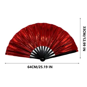 Detailed view of the shiny red folding kung fu fan with black ribs and dimension marks.