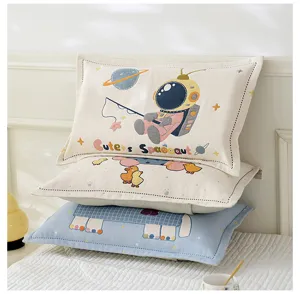 Cute cartoon cotton gauze children pillowcase, breathable and soft for student dorm bed.