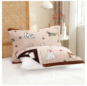 Detailed view of cute cartoon dog printed gauze pillowcase, soft and breathable fabric.