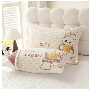 Soft cotton gauze pillowcase couple cute cartoon rabbit printed breathable home bedroom bedding