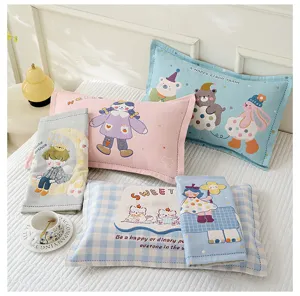 Cartoon cotton gauze children pillowcase and pillow towel set, breathable and comfortable dorm use.