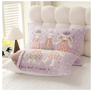 Soft cotton gauze pillowcase with cute rabbit embroidery and heart pattern for bedroom decor.