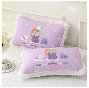 Soft cotton gauze children pillowcase with cute bear print and lace trim for bedroom decor.