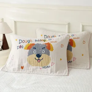 Reine Baumwolle 4-Schichten Gaze Kissenbezug Paar, süßes Cartoon Hunde Design im Zimmer.