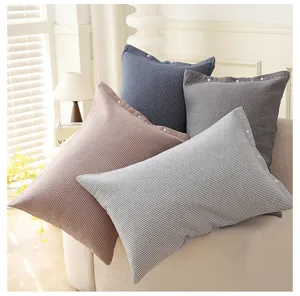 Pure cotton gauze checkered pillowcase detail, snap-button design, cozy home bedroom decor.