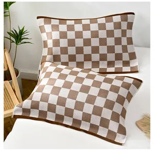 Brown and white checkered knitted pillowcase, soft breathable home textile cotton pillow cover.