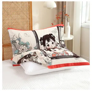 Cotton gauze pillow towel with cute cartoon traditional Chinese girl print, soft breathable cover.